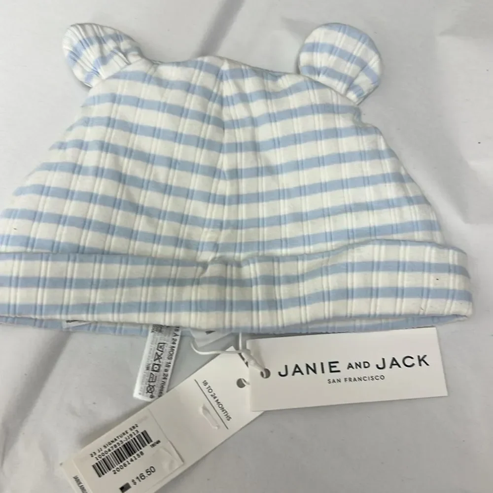 Janie and Jack 100047853 Blue & White Baby Ribbed Stripe Bear Ear Beanie 18-24 m